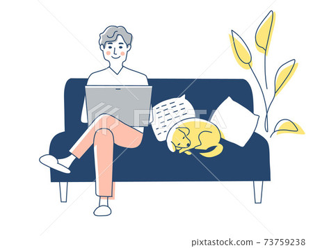 A man operating a laptop on the sofa 73759238