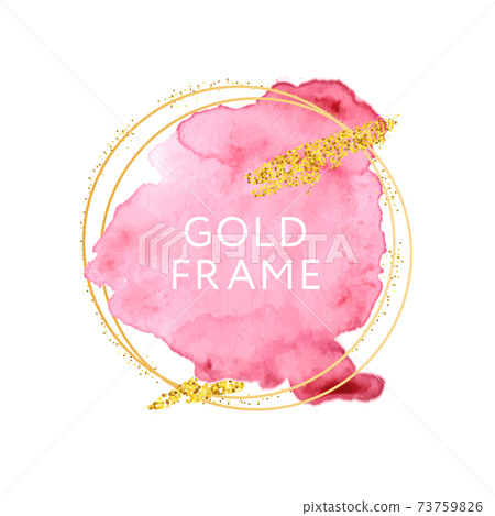 Pink and nude brush strokes and gold frame. Abstract vector watercolor background. 73759826