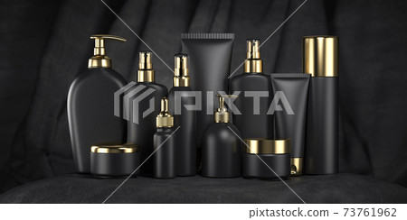 Luxury cosmetic products in black and gold package, tubes and bottles on black velvet background. 3d illustration Luxury cosmetic products in black and gold package, tubes and bottles on black velvet background. 3d illustration 73761962