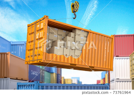 Cargo, shipment, delivery, logistics and freight transportation service. Cross section of container with cardboard boxes loading by crane in warehouse. 3d illustration Cargo, shipment, delivery, logistics and freight transportation service. Cross section of container with cardboard boxes loading by crane in warehouse. 3d illustration 73761964