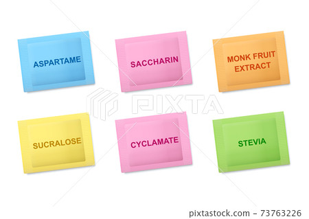 Color codes of sugar substitute packets. Sweetener pouches, color definition. Blue for aspartame, pink for saccharin or cyclamate, yellow for sucralose, orange for monk fruit extract, stevia is green. Color codes of sugar substitute packets. Sweetener pouches, color definition. Blue for aspartame, pink for saccharin or cyclamate, yellow for sucralose, orange for monk fruit extract, stevia is green. 73763226