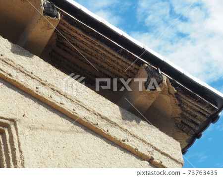 從舊倉庫暴露出來的竹屋頂材料 從舊倉庫暴露出來的竹屋頂材料 73763435