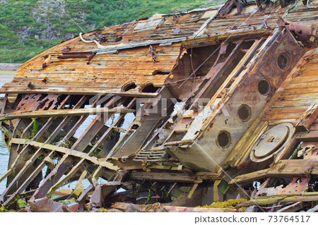 skeleton of an ancient ship after crash 73764517