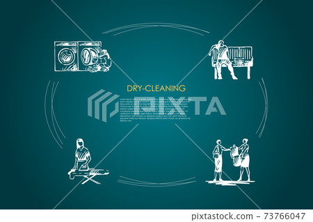 Dry-cleaning - ironing, chemical cleaning, machine washing, drying vector concept set Dry-cleaning - ironing, chemical cleaning, machine washing, drying vector concept set 73766047
