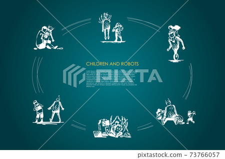 Children and robots - boys and girls making and playing with robots vector concept set Children and robots - boys and girls making and playing with robots vector concept set 73766057