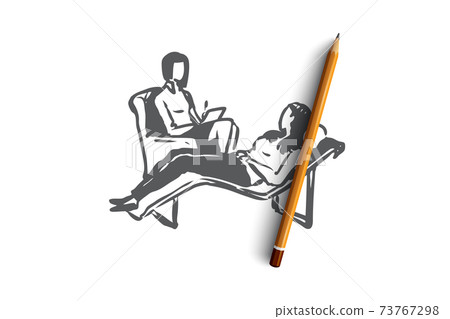 Psychologist, couch, client, therapy, problem concept. Hand drawn isolated vector. 73767298