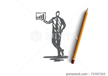 Presentation, man, chart, business, graphic concept. Hand drawn isolated vector. Presentation, man, chart, business, graphic concept. Hand drawn isolated vector. 73767303