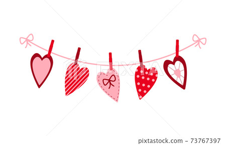 Various Valentine hearts hanging on the rope on the clothespins. Decorating for greeting cards, banners. Vector flat illustration Various Valentine hearts hanging on the rope on the clothespins. Decorating for greeting cards, banners. Vector flat illustration 73767397