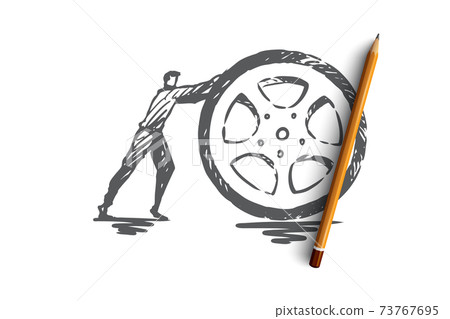 Tire, wheel, auto, transport, repair concept. Hand drawn isolated vector. 73767695