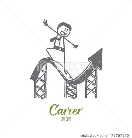 Hand drawn businessman balancing on arrow up Hand drawn businessman balancing on arrow up 73767980