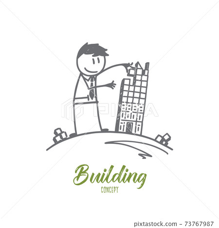 Hand drawn man forming building from cubes 73767987
