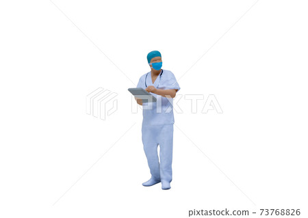 Doctors with protective suits and masks on white background Doctors with protective suits and masks on white background 73768826