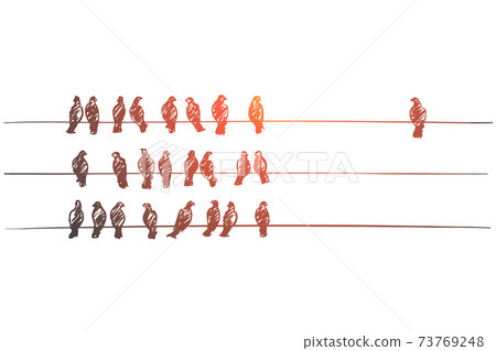 Hand drawn pigeons sitting on wires in three lines Hand drawn pigeons sitting on wires in three lines 73769248