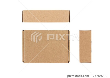 Top, Front and side view of cardboard box isolated on a white background with clipping path. 73769299