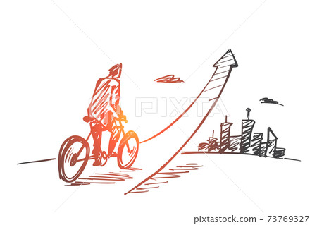 Hand drawn man going up on bicycle 73769327