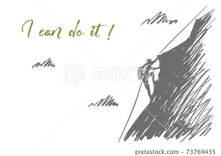 Hand drawn alpinist climbing up mountain 73769435