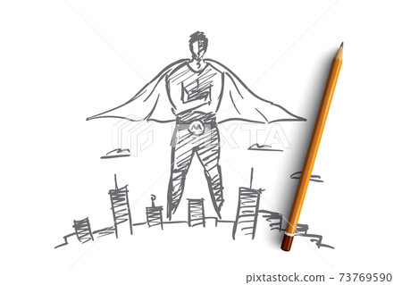 Hand drawn hero man over big city 73769590