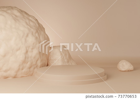 3D of Circle podium brown pastel color with Rock. Mock-up showcase for product branding banner and cosmetics product. Product presentation minimal. 3D of Circle podium brown pastel color with Rock. Mock-up showcase for product branding banner and cosmetics product. Product presentation minimal. 73770653