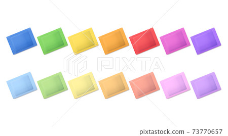 Rainbow colored packets. A set of pouches in vibrant colors, and another set in softer tones. Multicolored small bags to contain single-use quantities of foods or consumer goods. Illustration. Vector 73770657