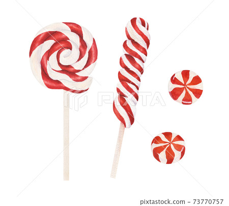 Set of watercolor traditional Christmas lollipops and candies isolated on white background. 73770757
