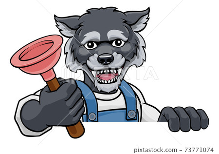 Wolf Plumber Cartoon Mascot Holding Plunger Wolf Plumber Cartoon Mascot Holding Plunger 73771074