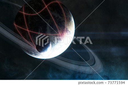 Deep space. Planet with rings. Glowing structures on the planet's surface Deep space. Planet with rings. Glowing structures on the planet's surface 73771594