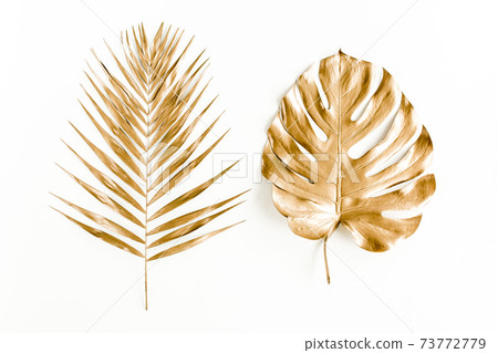 Gold tropical palm leaves Monstera on white background. Flat lay, top view minimal concept. 73772779