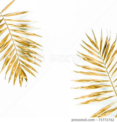 Gold tropical palm leaves on white background. Flat lay, top view minimal concept. Gold tropical palm leaves on white background. Flat lay, top view minimal concept. 73772782