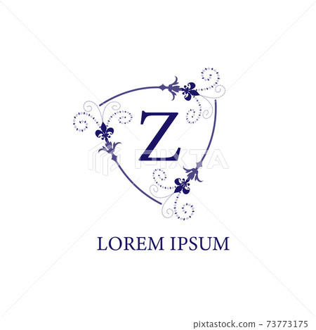 An Isolated on white background decorative floral shield with Lily Flower ornament. Letter Z alphabet initial logo design template. Purple Violet Color Theme. An Isolated on white background decorative floral shield with Lily Flower ornament. Letter Z alphabet initial logo design template. Purple Violet Color Theme. 73773175