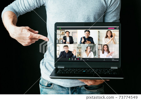 elearning webinar video chat man laptop students 73774549