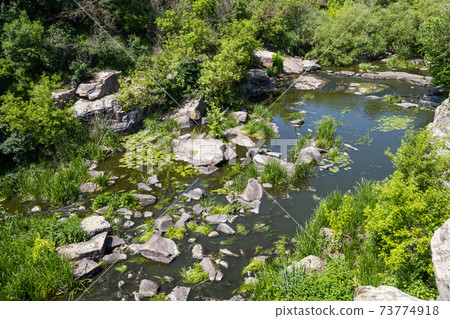 Buky Canyon summer landscape, Hirskyi Tikych river, Cherkasy Region, Ukraine. 73774918