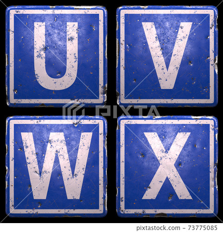 Set of public road sign in blue color with a capital white letters U, V, W, X in the center isolated of black background. 3d 73775085