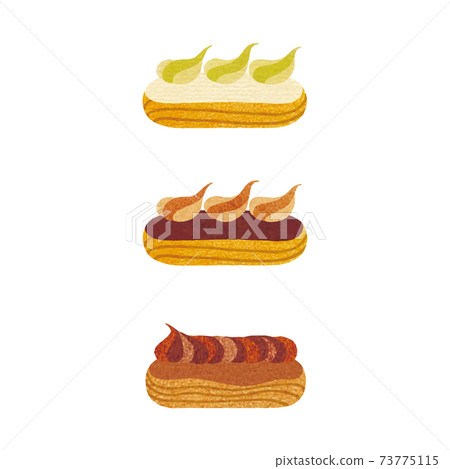 3 types of mini eclairs_pistachio_chocolate_mocha_hand-painted_colored pencil touch_vector illustration 3 types of mini eclairs_pistachio_chocolate_mocha_hand-painted_colored pencil touch_vector illustration 73775115
