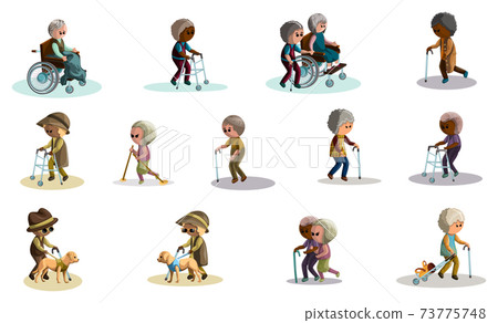 Vector image. Help for the elderly and people with disabilities. Relationships between elderly people, doctors and social workers without protective medical masks. set. Cartoon style 73775748