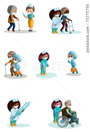 Vector image. Help for the elderly and people with disabilities. Relationships between elderly people, doctors and social workers in medical masks. set. Cartoon style 73775750
