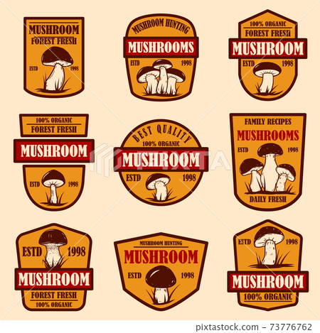 Set of emblems with mushrooms. Design element for poster, logo, label, sign, badge. 73776762