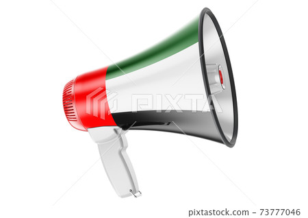 Megaphone with the UAE flag, 3D rendering Megaphone with the UAE flag, 3D rendering 73777046