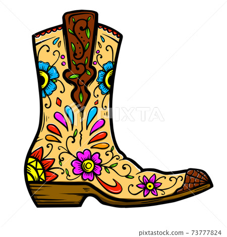Cowboy boot with floral pattern. Design element for poster, t shirt, emblem, sign. Cowboy boot with floral pattern. Design element for poster, t shirt, emblem, sign. 73777824