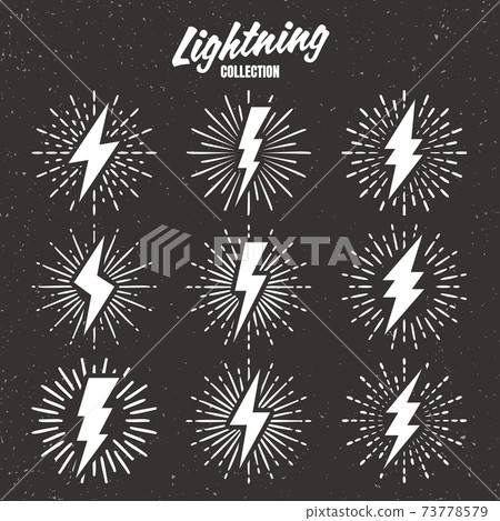 Set of vintage lightning bolts and sunrays on grunge background. Lightnings with sunburst effect Set of vintage lightning bolts and sunrays on grunge background. Lightnings with sunburst effect 73778579