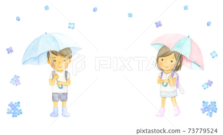 A watercolor illustration of a child holding an umbrella, rain and hydrangea 73779524