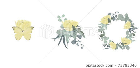 Floral bouquet composition set, yellow tulip flowers and leaves 73783346