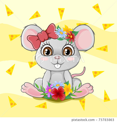 Cute little mouse sitting with flowers Cute little mouse sitting with flowers 73783863