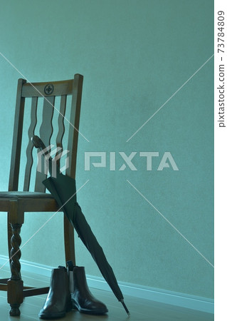 橡木椅子在昏暗的房間裡,配以紳士的雨傘和雨靴,英式家具(生動的色調,柔和的焦點) 橡木椅子在昏暗的房間裡,配以紳士的雨傘和雨靴,英式家具(生動的色調,柔和的焦點) 73784809