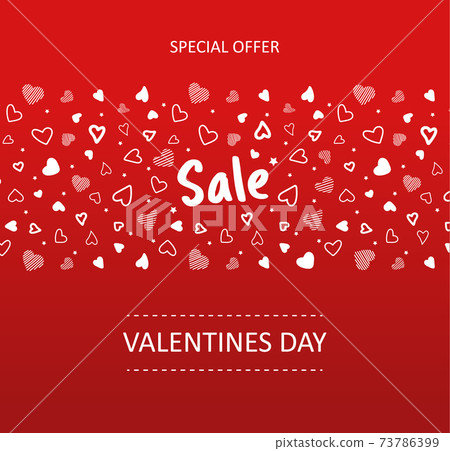 Banner sale in Valentines day. Pattern of white hearts drawn by hand on red background. Banner sale in Valentines day. Pattern of white hearts drawn by hand on red background. 73786399