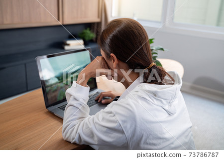 Happy casual beautiful Asian woman working on a laptop while sitting on sofa in living room at her home. 73786787