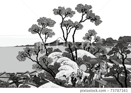 葛飾北齋圖像東海道品川品川御殿山之富士黑白背景 73787161