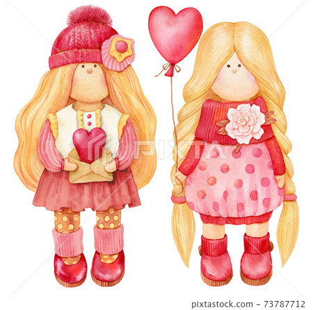 Cute tilda doll. Hand drawn watercolor illustration. Valentines love theme. Cute tilda doll. Hand drawn watercolor illustration. Valentines love theme. 73787712
