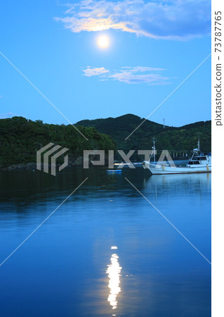 A path of moonlight extending into a small cove and clouds reflecting the color of the moonlight A path of moonlight extending into a small cove and clouds reflecting the color of the moonlight 73787765