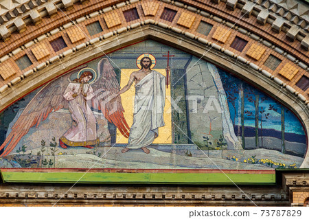 Mosaic orthodox icon on a facade of Church of the Savior on Spilled Blood in St. Petersburg, Russia Mosaic orthodox icon on a facade of Church of the Savior on Spilled Blood in St. Petersburg, Russia 73787829