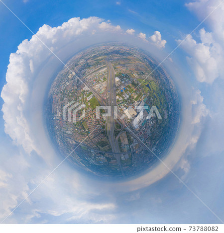 Little planet 360 degree sphere. Panorama of aerial view of cars driving on highway or moterway. Overpass bridge street roads in connection network. Urban city, Bangkok, Thailand. Little planet 360 degree sphere. Panorama of aerial view of cars driving on highway or moterway. Overpass bridge street roads in connection network. Urban city, Bangkok, Thailand. 73788082